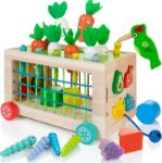 WOODMAM Wooden Montessori Toys for Toddlers, 6-in-1 Sorting & Stacking Activity Cube Cart with Elastic Bands,Carrot Harvest & Fruit Match,Learning Toys Gift for Boys Girls 1-3 Year Older