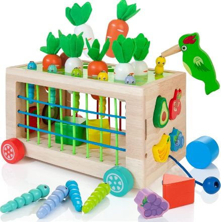 WOODMAM Wooden Montessori Toys for Toddlers, 6-in-1 Sorting & Stacking Activity Cube Cart with Elastic Bands,Carrot Harvest & Fruit Match,Learning Toys Gift for Boys Girls 1-3 Year Older
