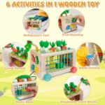 WOODMAM Wooden Montessori Toys for Toddlers, 6-in-1 Sorting & Stacking Activity Cube Cart with Elastic Bands,Carrot Harvest & Fruit Match,Learning Toys Gift for Boys Girls 1-3 Year Older