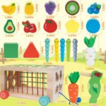 WOODMAM Wooden Montessori Toys for Toddlers, 6-in-1 Sorting & Stacking Activity Cube Cart with Elastic Bands,Carrot Harvest & Fruit Match,Learning Toys Gift for Boys Girls 1-3 Year Older