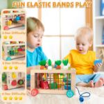 WOODMAM Wooden Montessori Toys for Toddlers, 6-in-1 Sorting & Stacking Activity Cube Cart with Elastic Bands,Carrot Harvest & Fruit Match,Learning Toys Gift for Boys Girls 1-3 Year Older