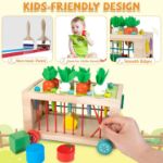 WOODMAM Wooden Montessori Toys for Toddlers, 6-in-1 Sorting & Stacking Activity Cube Cart with Elastic Bands,Carrot Harvest & Fruit Match,Learning Toys Gift for Boys Girls 1-3 Year Older