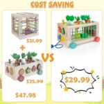 WOODMAM Wooden Montessori Toys for Toddlers, 6-in-1 Sorting & Stacking Activity Cube Cart with Elastic Bands,Carrot Harvest & Fruit Match,Learning Toys Gift for Boys Girls 1-3 Year Older