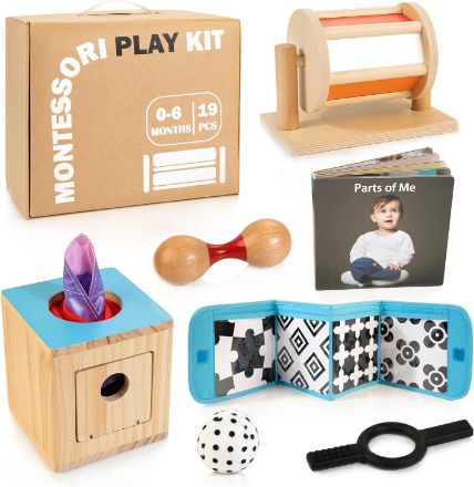 Picture of WOODMAM Montessori Toys for Babies 0-6 Months, 8 in 1 Learning Educational Sensory Toys for Newborn 0-3-6 Months, Includes Tissue Box, High Contrast Baby Toys, Spinning Drum, Teether and More